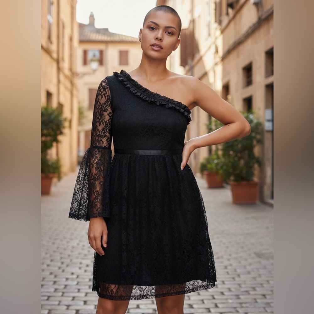 Mango Black Lace One-Shoulder Dress XS Small